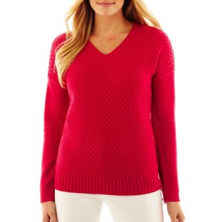 LIZ CLAIBORNE Long Sleeve V Neck Cable Knit Sweater   Talls, Fiesta Rose, Womens