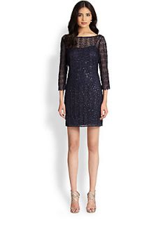 Kay Unger Sequin Lace Cocktail Dress   Navy