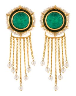 Carved Button & Chain Earrings, Green/Off White
