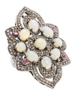 Opal, Tourmaline & Champagne Diamond Flower Ring, Size 7