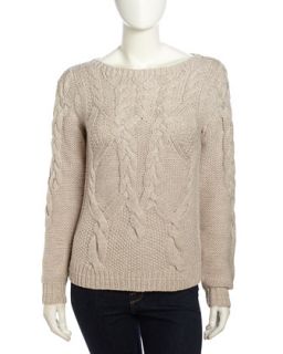 Long Sleeve Cable Knit Wool Sweater, Bone
