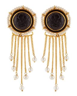 Carved Button & Chain Earrings, Black/Off White