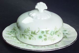 Paragon Debutante Round Covered Butter, Fine China Dinnerware   Blue Flowers,Gre