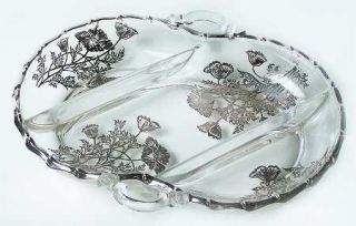 Silver City Flanders 3 Part Relish Dish   Sterling Overlay Floral,Clear Body