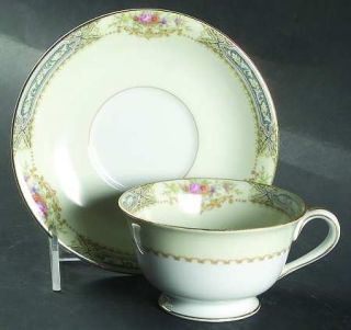 Rose (Japan) Annette Footed Cup & Saucer Set, Fine China Dinnerware   Blue/Green