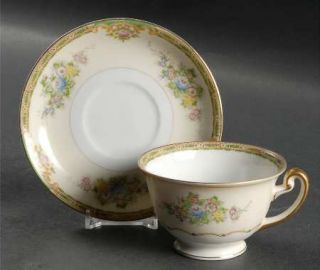 Meito Calais Footed Cup & Saucer Set, Fine China Dinnerware   Green Border, Flor