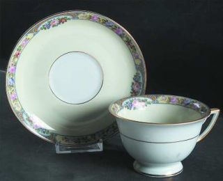 Thomas 3816 Footed Cup & Saucer Set, Fine China Dinnerware   Floral Band,Gray Sc
