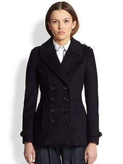 Burberry London Ecclesfield Leather Trimmed Peacoat   Navy