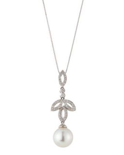 Diamond Leaf Pearl Pendant Necklace