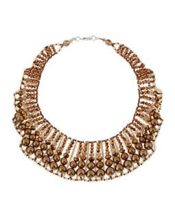 Crystal and Pearly Bead Collar Necklace, Bronze