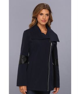 Calvin Klein Asymmetrical Wing Collar Pant Coat w/ PU Arm Detail Womens Coat (Navy)