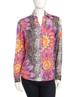 Mixed Print Buttoned Blouse, Multi