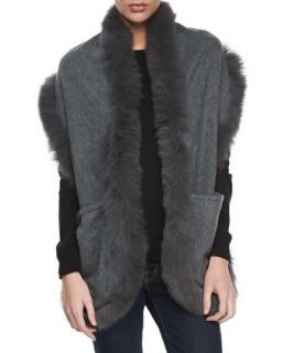 Fur Trim Cashmere Pocket Wrap, Gray
