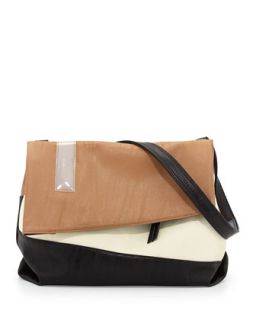 Colorblocked Asymmetric Messenger Bag, Tan/Cream/Black
