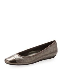 Saucy Quilted Leather Ballerina Flat, Pewter
