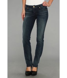7 For All Mankind Kimmie Straight w/ Distress in Slim Illusion Dark Destroy Womens Jeans (Blue)