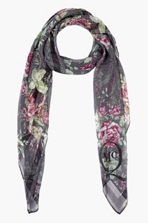 Mcq Alexander Mcqueen Grey And Pink Silk Houndstooth Floral Scarf