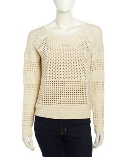 Perforated Mixed Knit Sweater, Cream