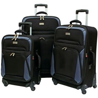 Geoffrey Beene Brentwood Collection 3 piece Spinner Luggage Set (Black with grey trimMaterials 1200 D Polyester w/ 1680 Polyester TrimCarrying handle Side & Top Carrying handlesWheels YesWheel type Spinner wheelsClosure ZipperPockets Two (2) outside