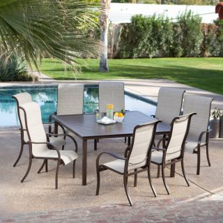 Del Rey Deluxe Padded Sling Square Aluminum Dining Set   Seats 8 Beach  