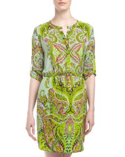 Paisley Print Belted Shirtdress, Minty Lime