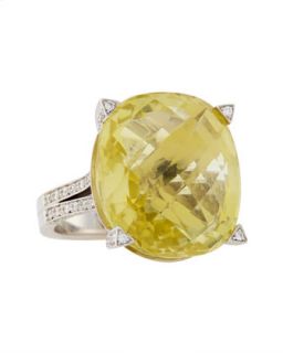 18 Karat White Gold Lemon Quartz & Diamond Ring, Size 7