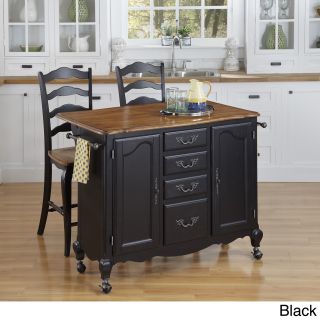 The French Countryside Kitchen Cart And Two Stools (Rubbed white or rubbed blackMaterials Hardwood solids and engineered woodFinish Distressed oak and rubbed white or distressed oak and rubbed blackIsland dimensions 36 inches high x 44.5 inches wide x 