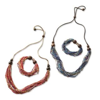 Multi strand Grass bead Necklace And Bracelet / Necklace, Blue/Multi