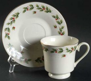 World Bazaars Holly Berry Footed Cup & Saucer Set, Fine China Dinnerware   Green
