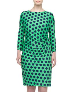 Morgan Left Draped Polka Dot Print Dress, Green/Navy, Womens