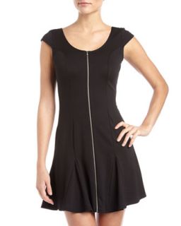 Zip Front Fit and Flare Dress, Black