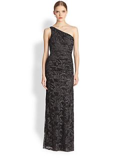 Laundry by Shelli Segal Metallic One Shoulder Gown   Black