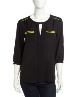 Neon Piped Crepe Shirt, Black/Sulphur