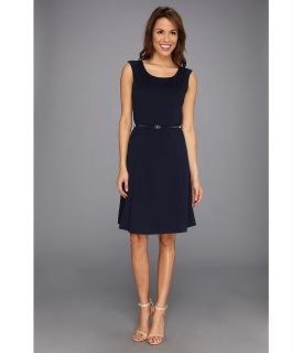 Anne Klein Solid S/L Fit Flare Dress Womens Dress (Navy)