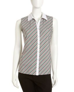 Solid Collar Striped Sleeveless Blouse