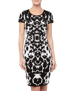 Ikat Print Knit Dress, Black/White
