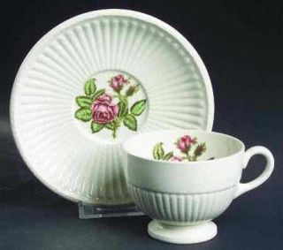 Wedgwood Moss Rose (Older, Brown Backstamp) Footed Cup & Saucer Set, Fine China