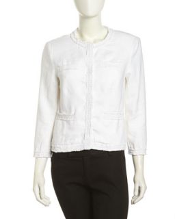 Three Quarter Sleeve Frayed Linen Jacket, Simply White