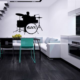 Rock Drummer Musical Instrument Black Vinyl Wall Decal (Glossy blackEasy to apply; instructions includedDimensions 25 inches wide x 35 inches long )
