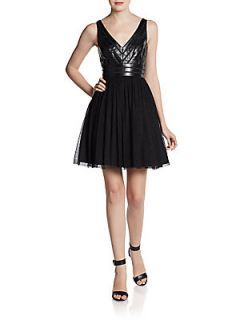 Faux Leather Bodice Tulle Skirt Cocktail Dress   Black