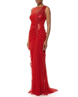 Sequined Draped Mesh Gown, Deep Red