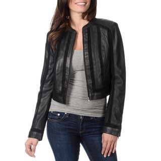 Whetblu Womens Black Novelty Fabric Mixed Leather Jacket