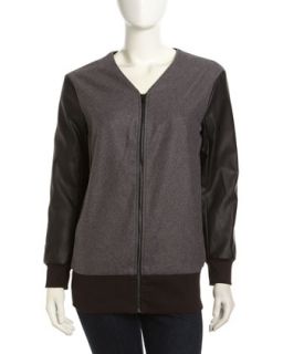 Faux Leather Sleeve Zip Jacket, Heather Gray