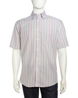 Short Sleeve Regular Fit Non Iron Striped Poplin Sport Shirt,