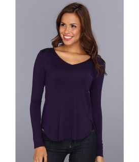 NYDJ L/S V Neck Top w/ Faux Leather Womens Long Sleeve Pullover (Purple)