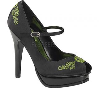 Womens Pin Up Pleasure 12   Black Satin/Lime Green Embroidery Two Tone Shoes