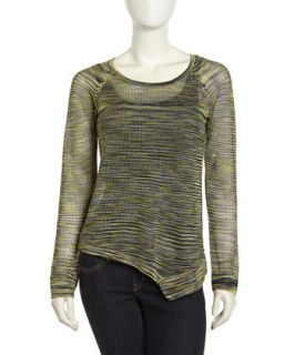 Pullover Asymmetric Waffle Knit Top, Lime Combo