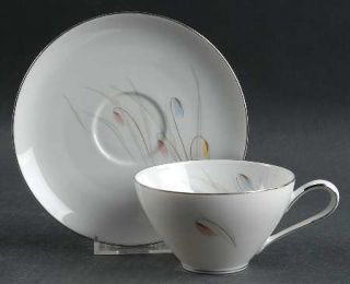 KPM 707 Flat Cup & Saucer Set, Fine China Dinnerware   Thin Gray Stems,Pastel Bu