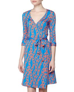Chain Link Print Wrap Dress, Blue/Orange