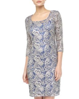 Embroidered 3/4 Sleeve Lace Cocktail Dress, Cobalt